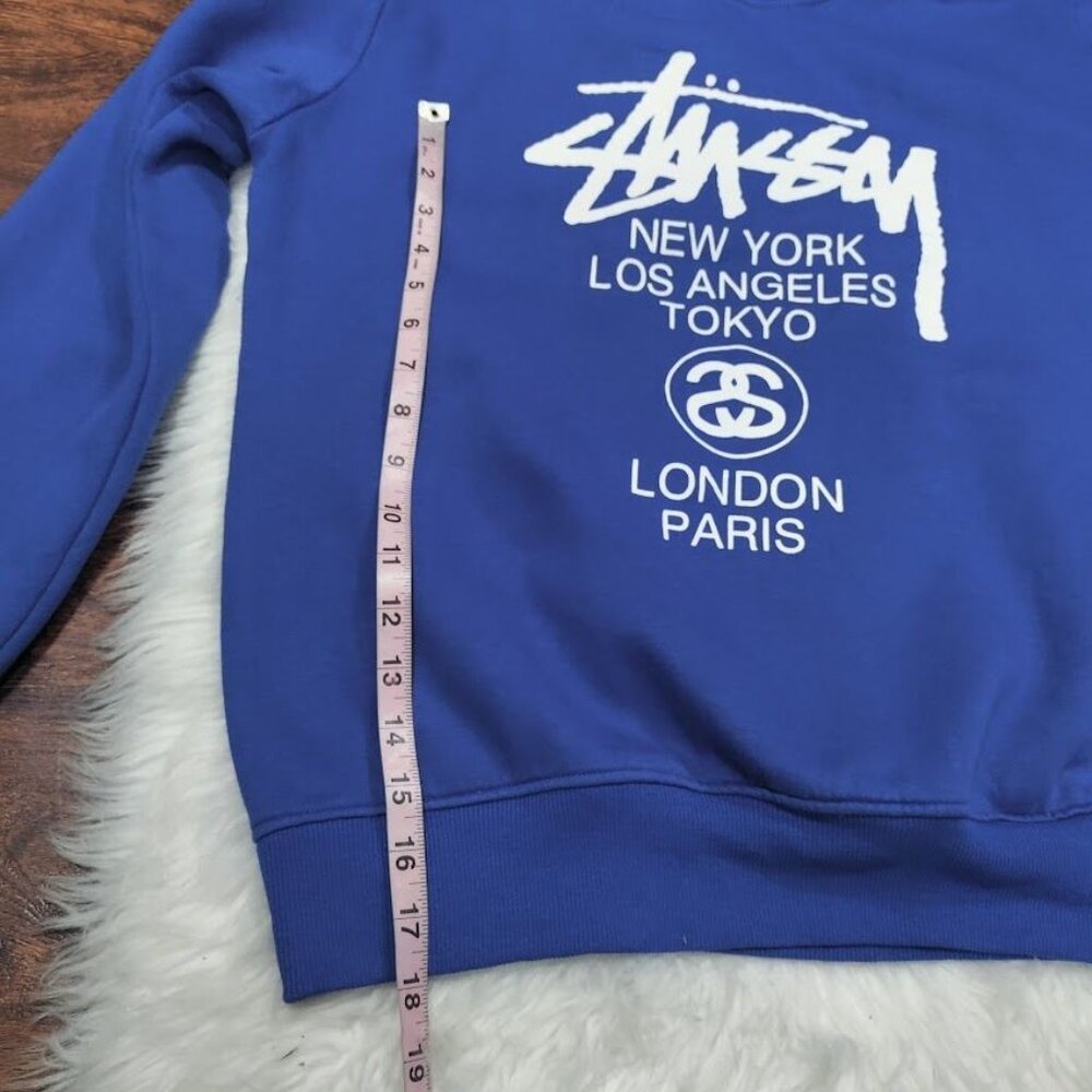 Stussy Loose Fit Men Medium Streetwear Cities Pullover Graphic Hoodie Blue White - Picture 7 of 8